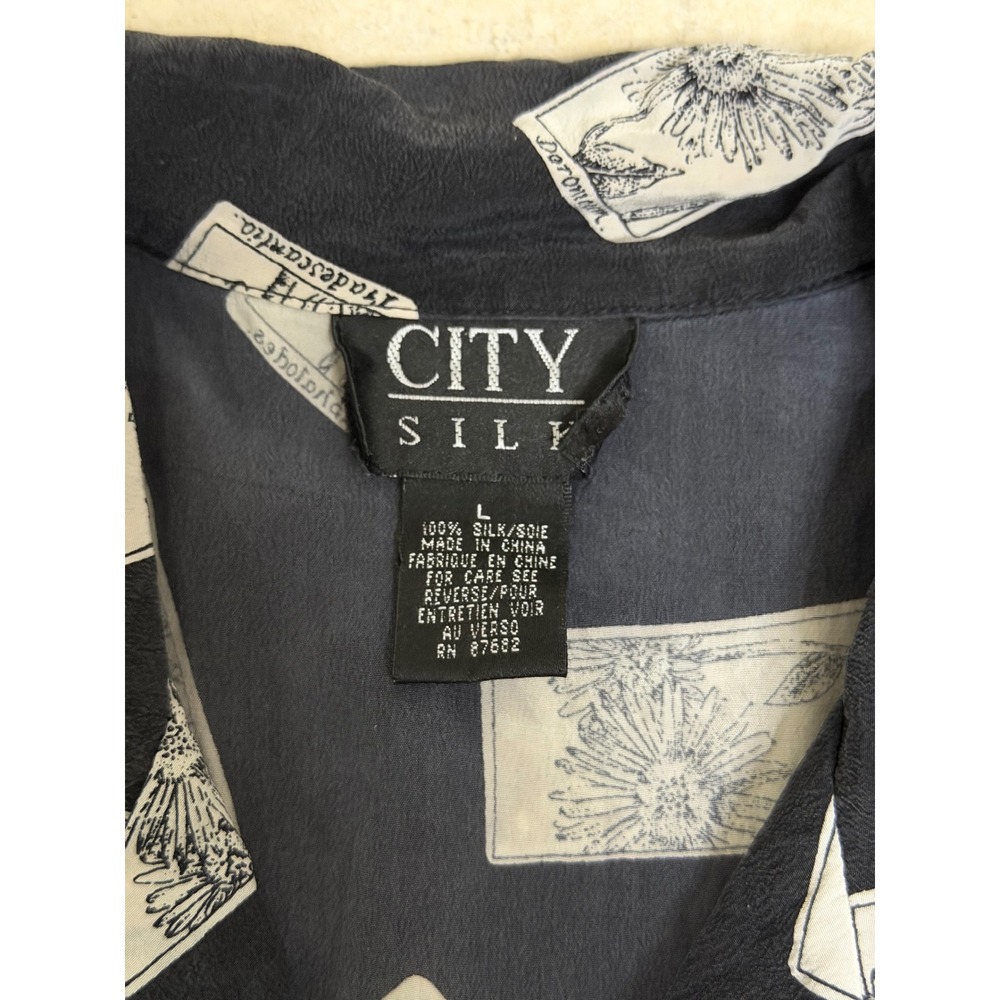 City Silk Womens 100% Silk Botanical Tarot Seed Packet Print Shirt Black Large - Picture 3 of 7